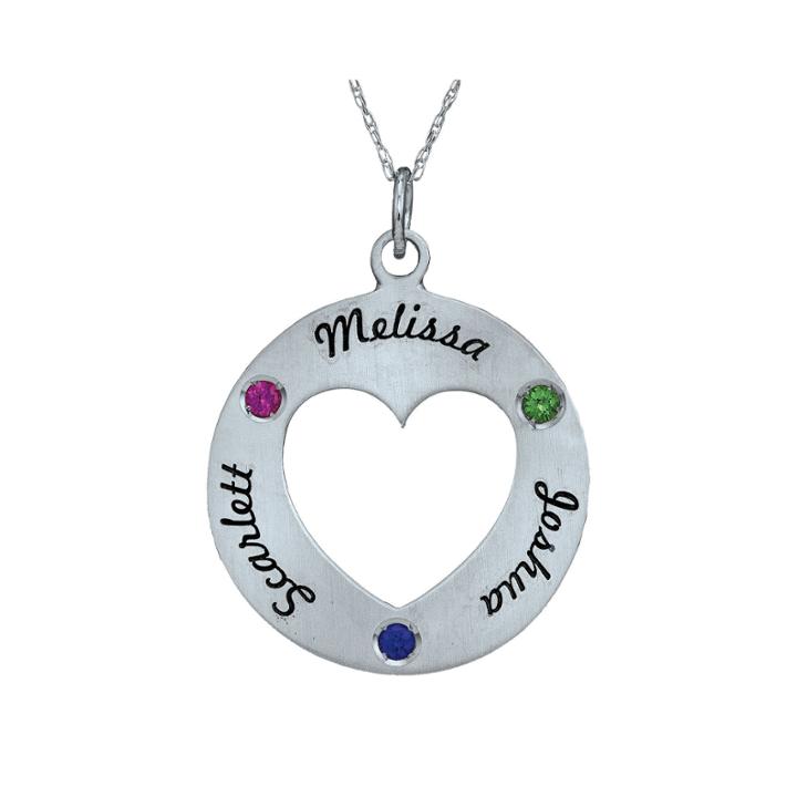 Personalized Simulated Birthstone Engraved Open Heart Pendant Necklace