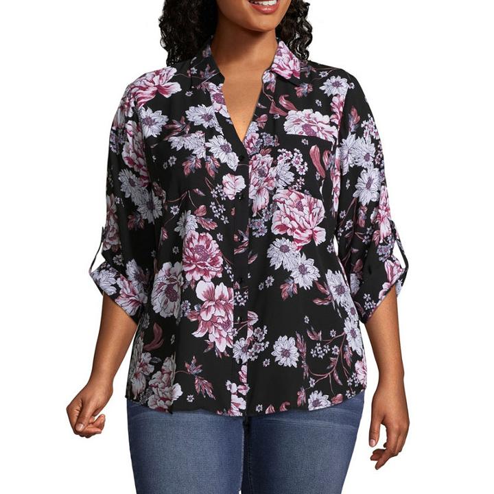 By & By Modern Fit Long Sleeve Button-front Shirt-juniors Plus