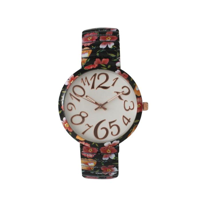 Olivia Pratt Womens Black Red Orange Floral Expansion Band Watch 25975black Red Orange
