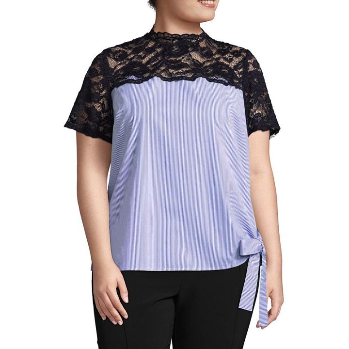 Boutique + Short Sleeve Mock Neck Woven Stripe Blouse-plus