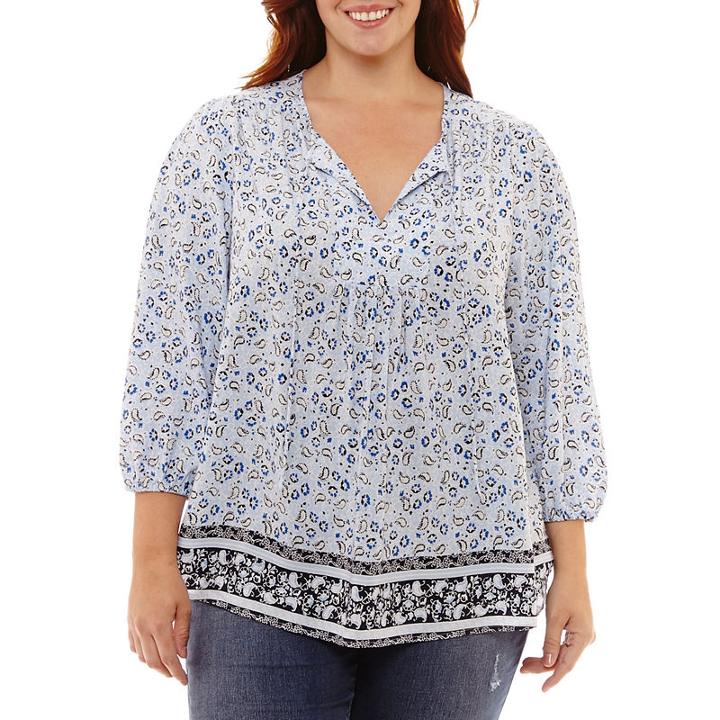 St. John's Bay 3/4 Sleeve Tie Front Peasant Blouse - Plus
