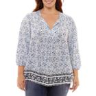 St. John's Bay 3/4 Sleeve Tie Front Peasant Blouse - Plus