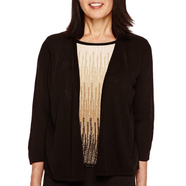 Alfred Dunner 3/4-sleeve Stripe-inset Layered Sweater