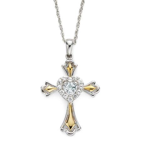 Aquamarine & Lab-created White Sapphire Two-tone Cross Pendant Necklace