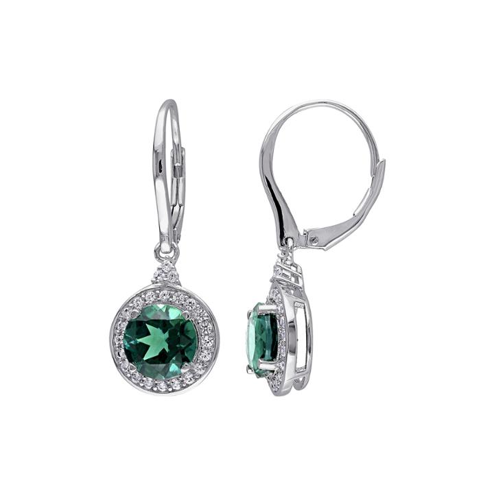 Lab-created Emerald And White Sapphire Sterling Silver Leverback Earrings