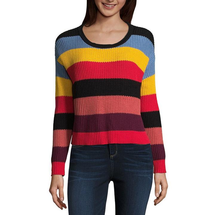 Arizona Long Sleeve Crew Neck Stripe Pullover Sweater-juniors
