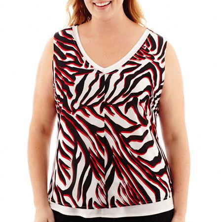 Worthington V-neck Chiffon Mesh Tank Top - Plus