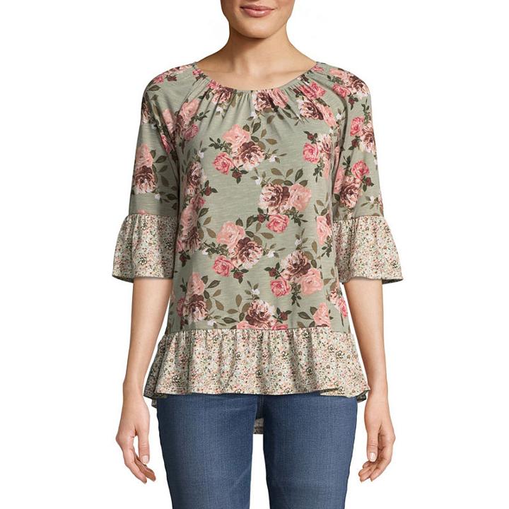 Como Blu Elbow Sleeve Crew Neck Ruffled Blouse