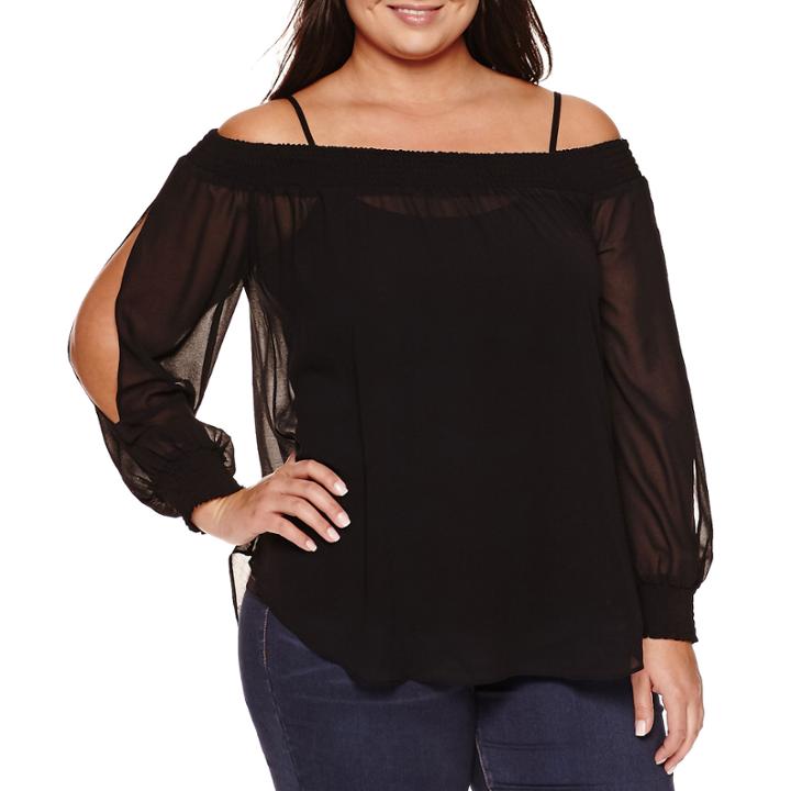 Bisou Bisou Long Sleeve V Neck Woven Blouse-plus