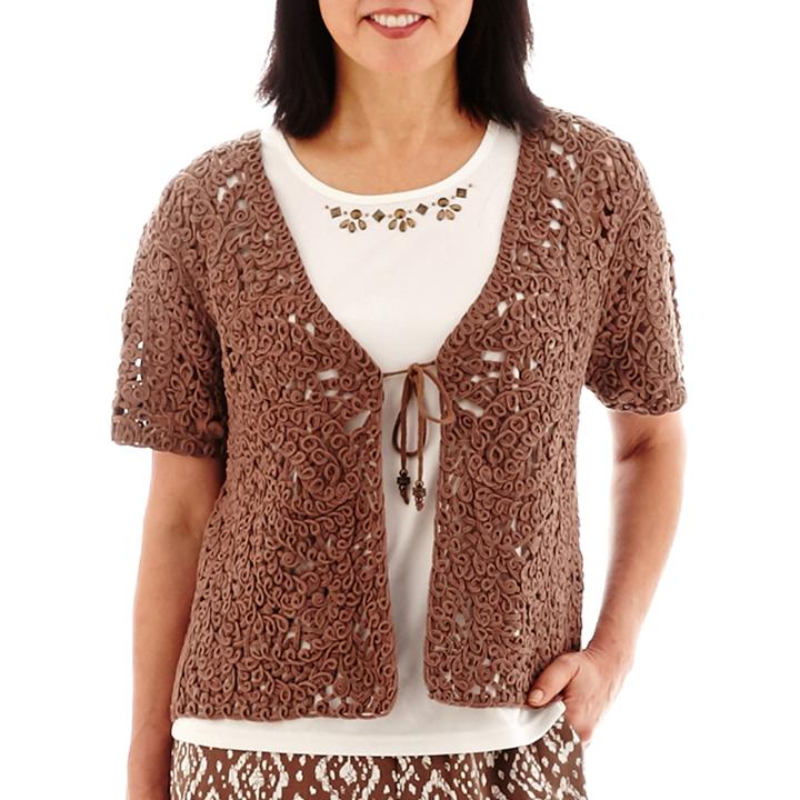 Alfred Dunner Indian Summer Short-sleeve Tie-front Crochet Layered Top