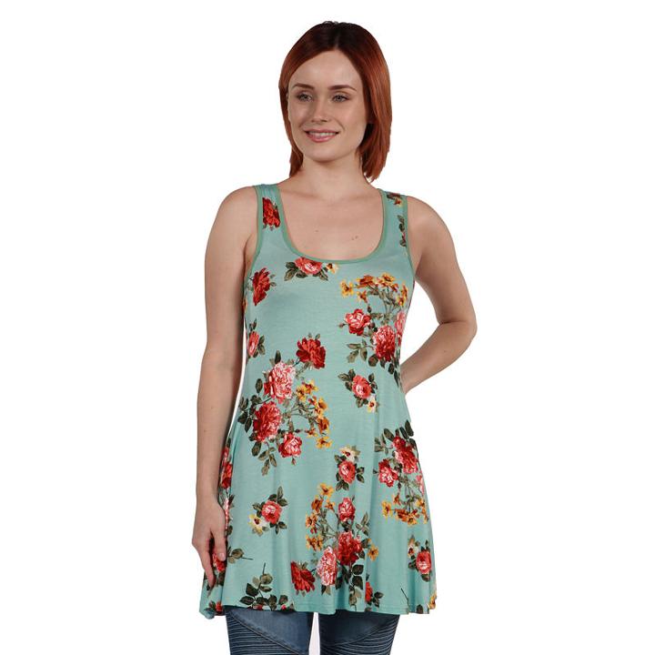 24seven Comfort Apparel Ashlee Green Floral Tunic Top
