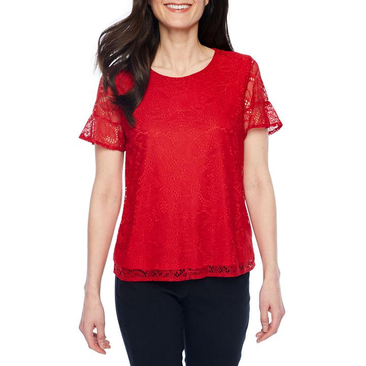 Liz Claiborne Elbow Sleeve Round Neck Chiffon Embroidered Blouse-petites