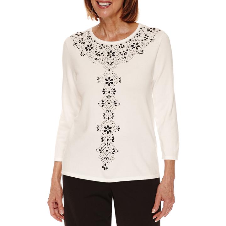 Alfred Dunner Wrap It Up 3/4 Sleeve Embellished Crew Neck Pullover Sweater-petites