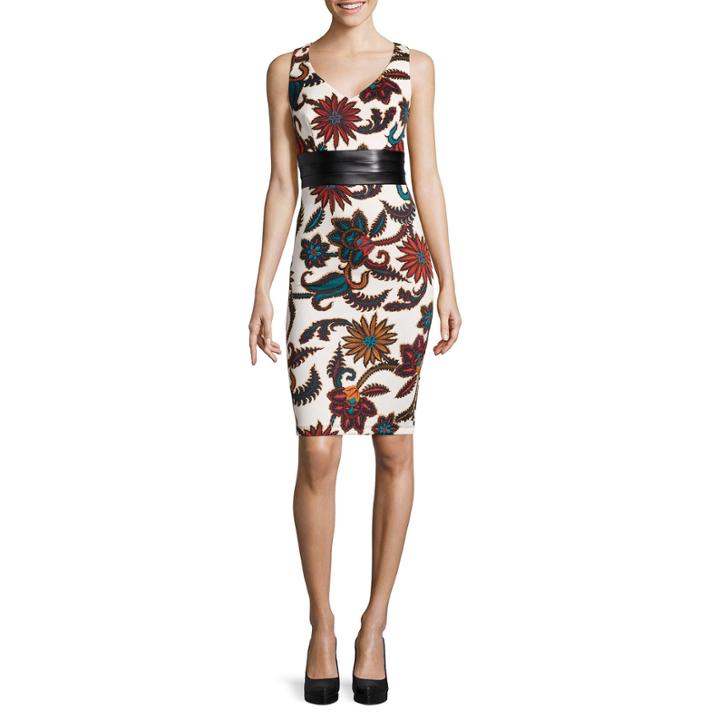 Bisou Bisou Sleeveless Faux-leather Waistband Floral Dress