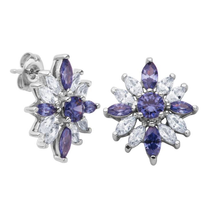 Diamonart Sterling Silver Simulated Tanzanite & White Cubic Zirconia Flower Cluster Earrings