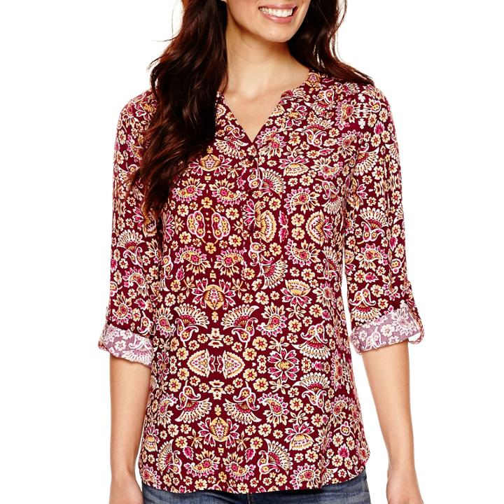 St. John's Bay Long-sleeve Roll-tab Henley Tunic Top - Tall