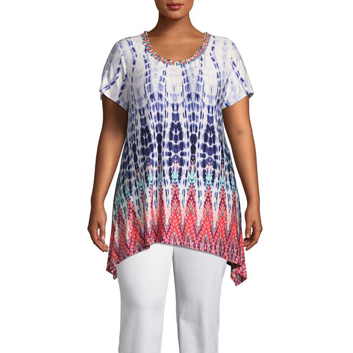 Short Sleeve Embellished Sharkbite Hem Tunic-plus