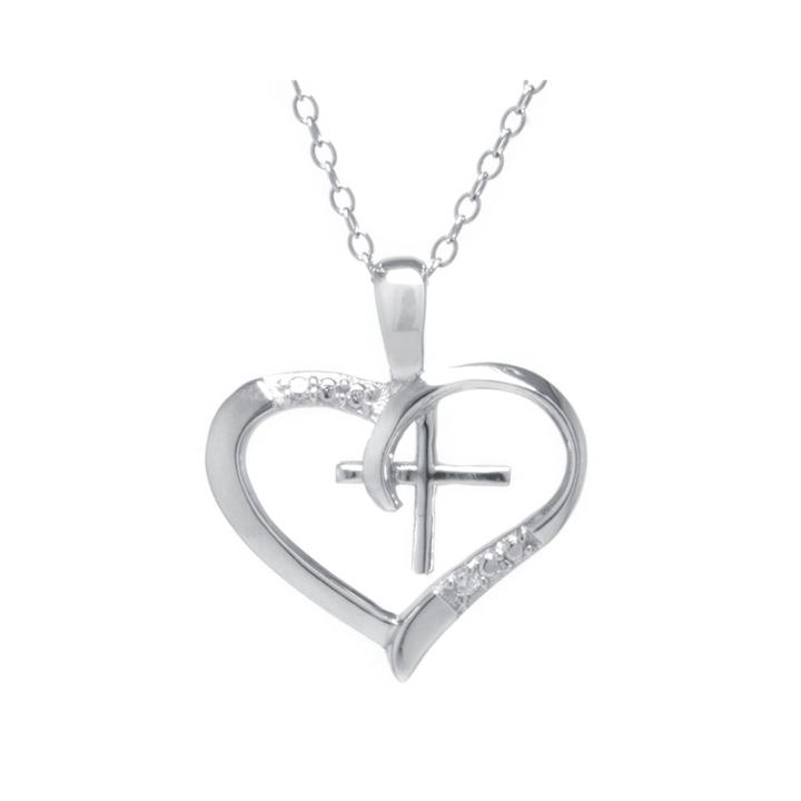 Silver Treasures&trade; Cubic Zirconia Sterling Silver Cross Heart Pendant Necklace
