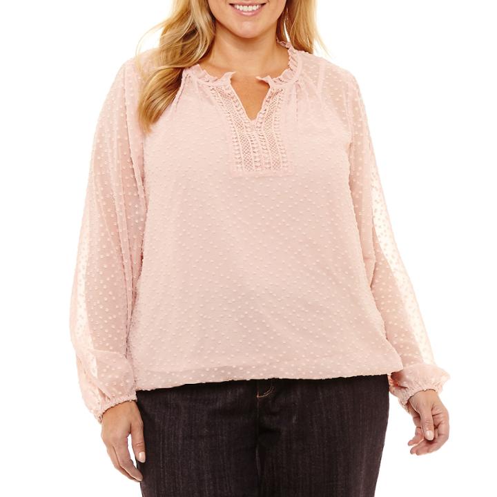 Liz Claiborne Clip Dot Peasant Blouse- Plus