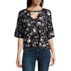 Eyeshadow Long Sleeve V Neck Jersey Floral Blouse-juniors