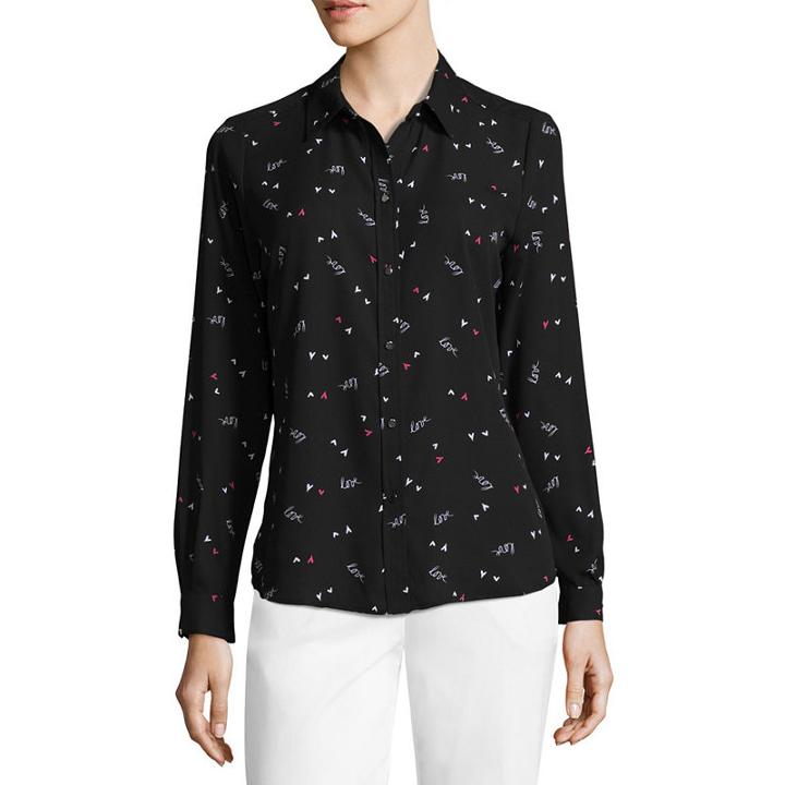 Liz Claiborne Long Sleeve Hearts Button-front Shirt