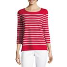Liz Claiborne 3/4 Sleeve Button Back Striped T-shirt
