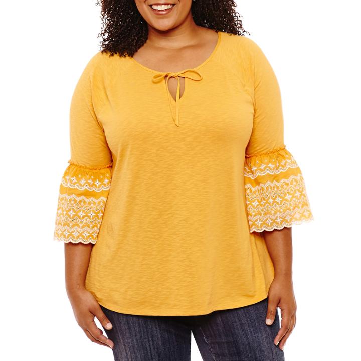 St. John's Bay 3/4 Embroidered Bell Sleeve Peasant Blouse-plus