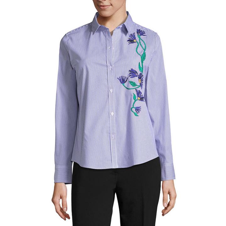 Liz Claiborne Long Sleeve Embroidered Striped Button-front Shirt