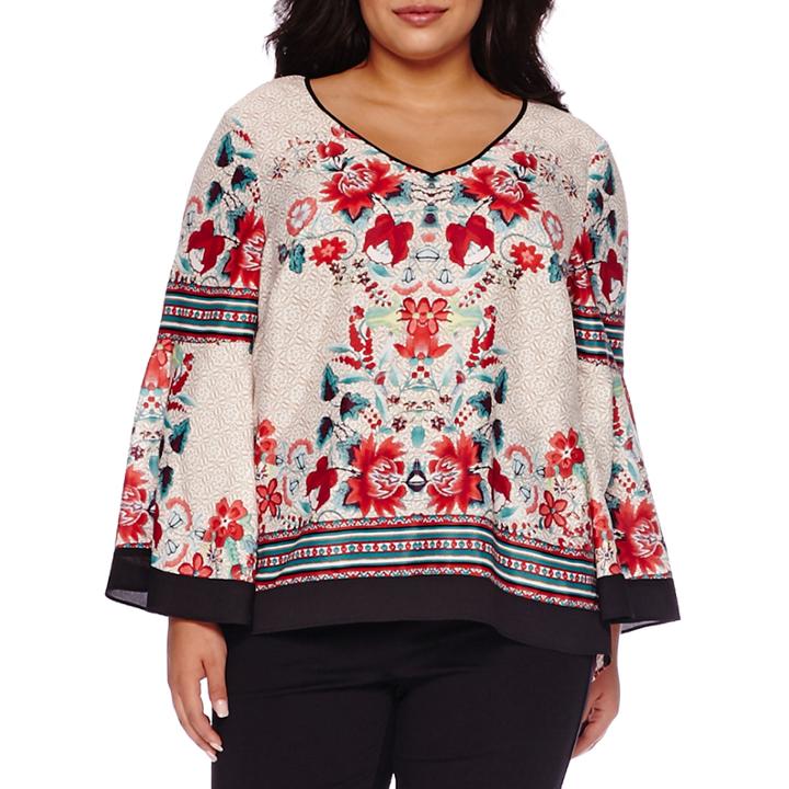 Bisou Bisou Long-sleeve Tiered V-neck Blouse - Plus