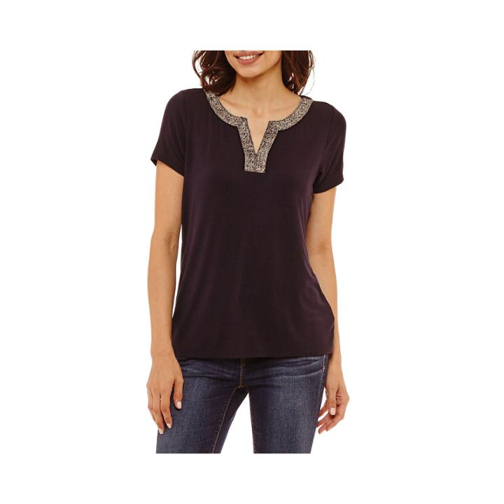 Liz Claiborne Short Sleeve Y Neck T-shirt - Womens Petites