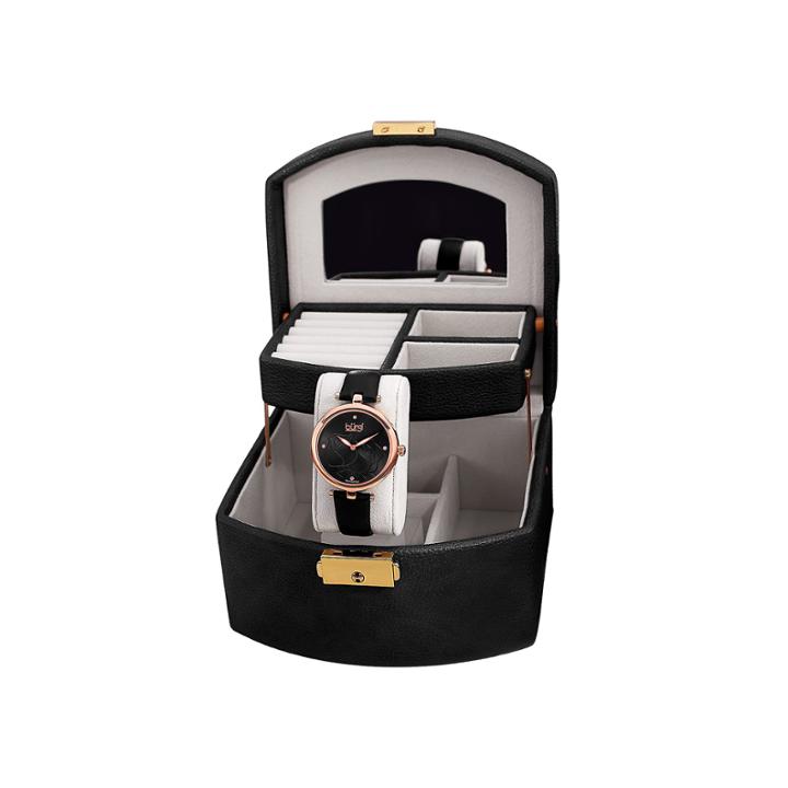 Burgi Womens Diamond Accent Rose-tone & Black Strap Watch And Jewelry Box Set