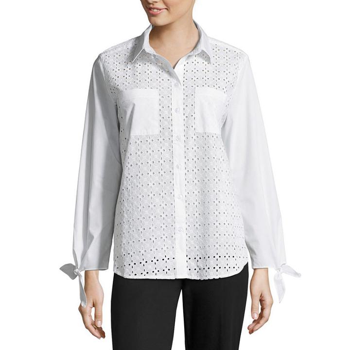 Liz Claiborne Tie Sleeve Eyelet Button Front Shirt