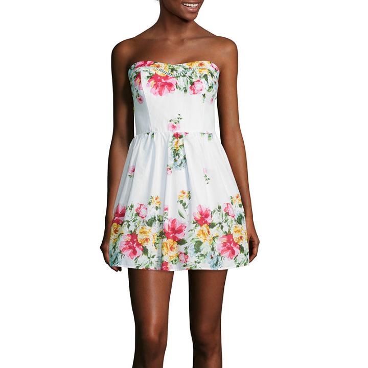 City Triangles Strapless Floral Poplin Dress- Juniors