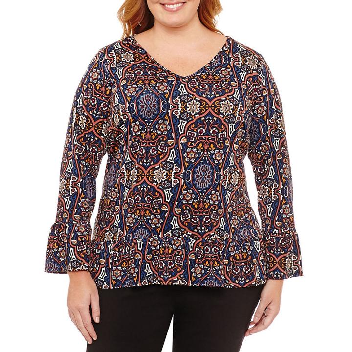 Alyx Long Sleeve V Neck Knit Ruffled Blouse - Plus