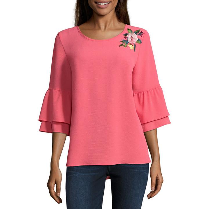 Alyx 3/4 Sleeve Round Neck Woven Embroidered Ruffled Blouse