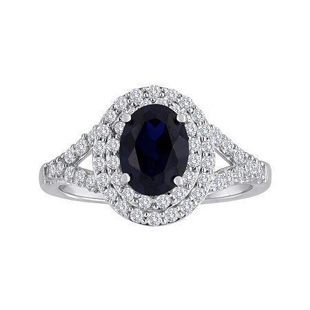 Lab-created Blue & White Sapphire Double Halo Sterling Silver Ring