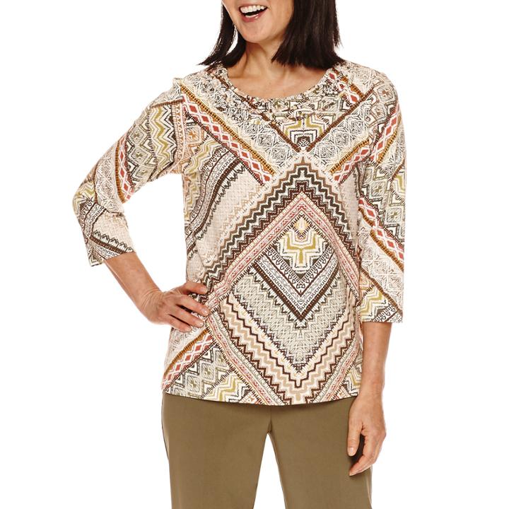 Alfred Dunner Cactus Ranch 3/4 Sleeve Print Top