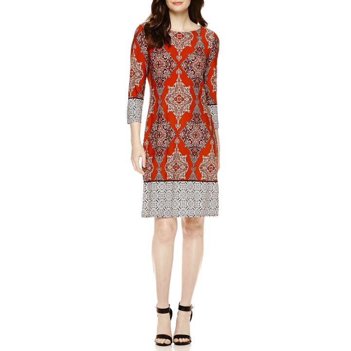 London Style Collection 3/4-sleeve Medallion Border-printed Shift Dress