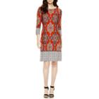 London Style Collection 3/4-sleeve Medallion Border-printed Shift Dress