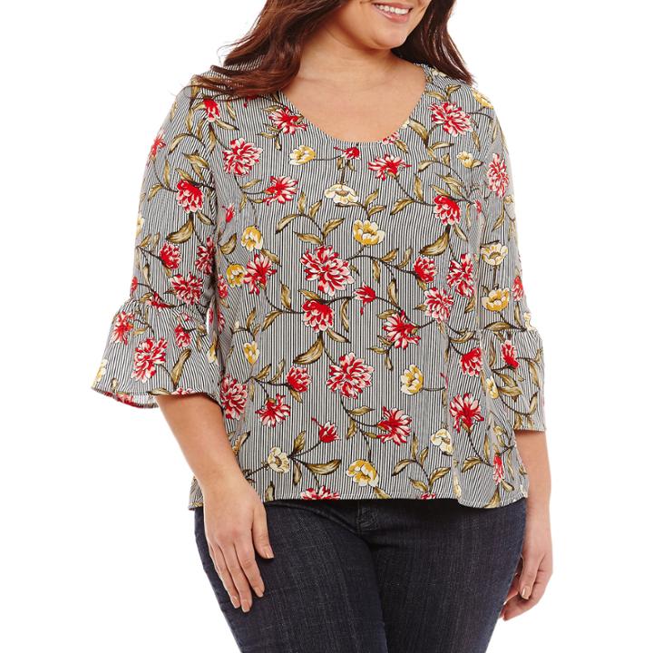 3/4 Bell Sleeve Printed Blouse-plus