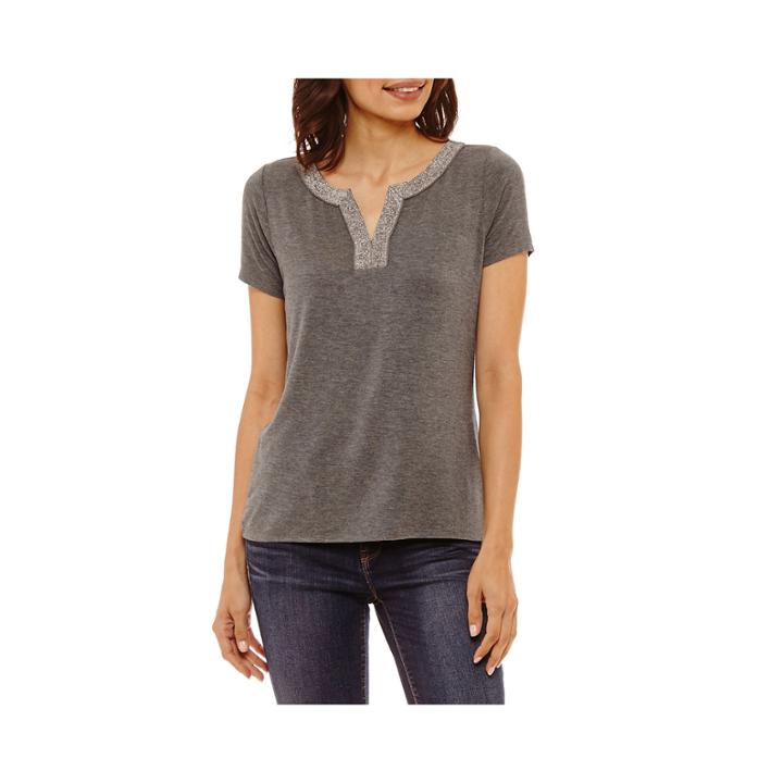 Liz Claiborne Short Sleeve Shine Trim T-shirt - Petites