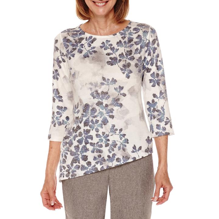 Alred Dunner Crescent City 3/4 Sleeve Floral Asymmetric Hem T-shirt - Petite