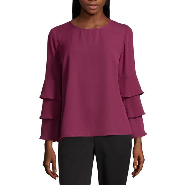 Liz Claiborne Tiered Sleeve Scoop Neck Woven Blouse