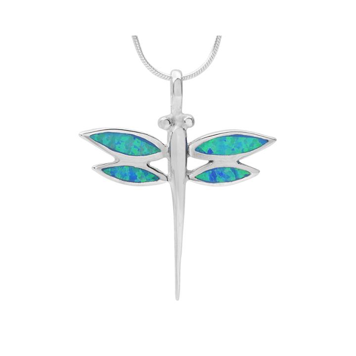 Simulated Blue Opal Dragonfly Sterling Silver Pendant Necklace