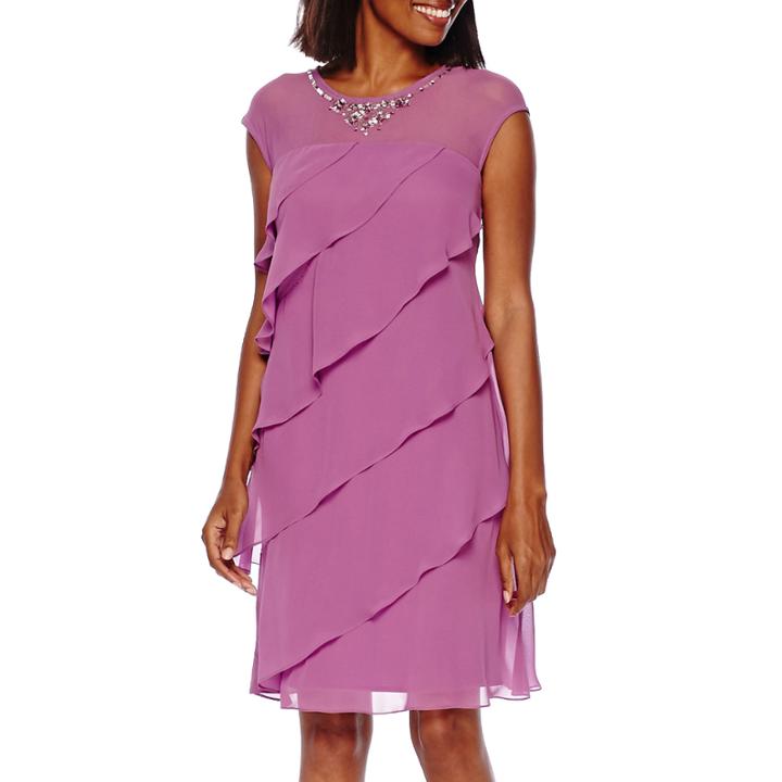 Sl Fashions Beaded Neck Tiered Shift Dress