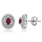 Oval Red Lead Glass-filled Ruby And Diamond Accent Stud Earrings In Sterling Silver