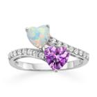 Lab-created Opal, Pink & White Sapphire Double Heart Bypass Ring In Sterling Silver