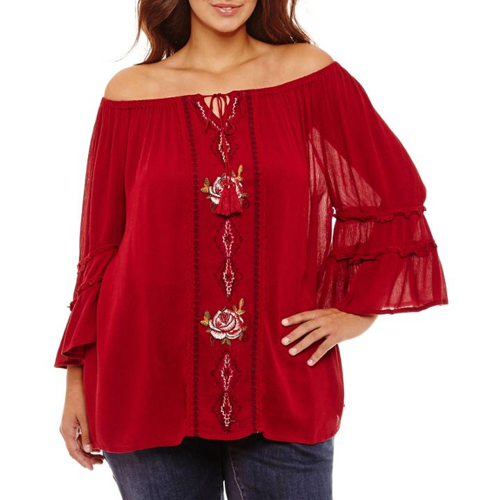 3/4 Bell Sleeve Off The Shoulder Embroidered Blouse-plus