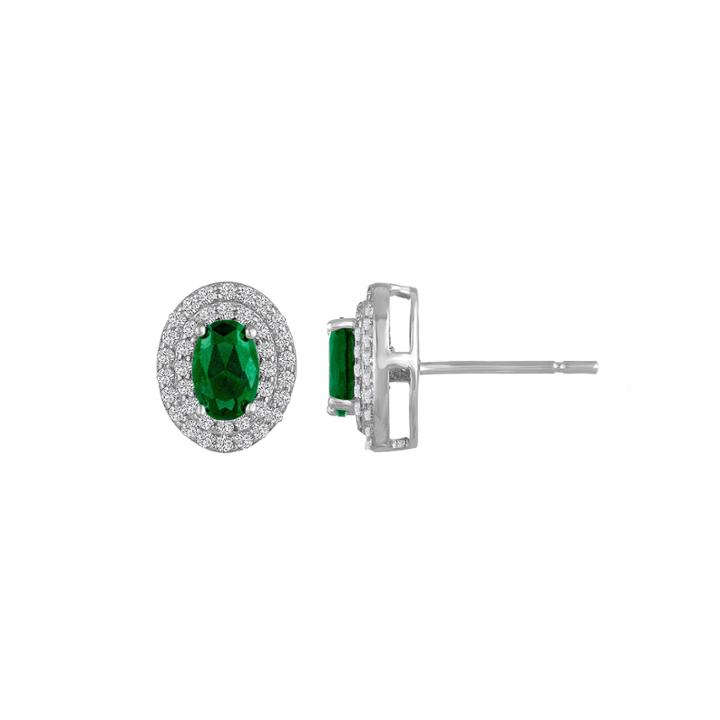 Oval Green Emerald Sterling Silver Stud Earrings