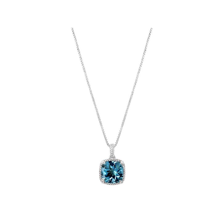 Genuine Blue Topaz Sterling Silver Cushion Pendant Necklace
